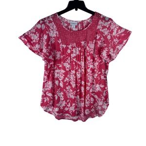 Liz Claiborne Womens XL Pink Floral Crochet Neck Flutter Sleeve Tunic Top NEW